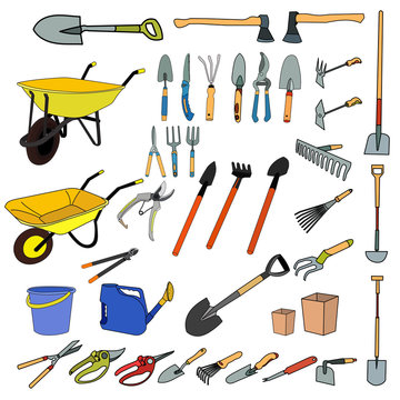 vector, isolated, set, collection, garden tools