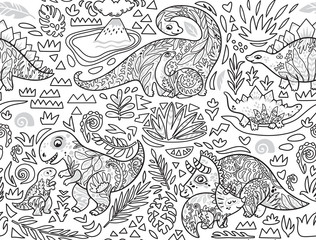 Ink seamless pattern with mom and baby dinosaurs and tropical plants. Vector illustration