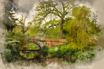 Watercolour painting of Stunning landscape image of old medieval bridge over river with mirror like reflections of countryside
