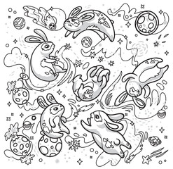 Contour hand drawn illustration with cute rabbits flying in the space. Vector illustration