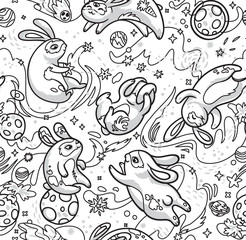 Contour hand drawn seamless pattern with cute rabbits flying in the space. Vector illustration