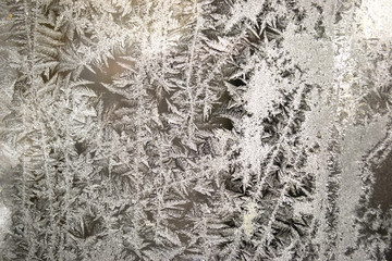 Crystal patterns on the glass in the frosty winter