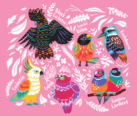 Collecion of exotic australian birds and tropical leaves on pink background
