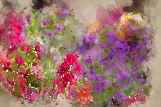 Watercolour painting of Beautiful Summer landscape image of vibrant wild flowers in meadow with selective focus for effect