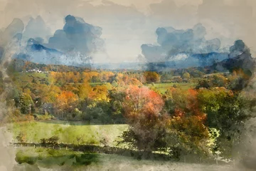 Crédence de cuisine en verre imprimé Couleur pistache Peinture à l& 39 aquarelle de la belle image de paysage brumeux au lever du soleil d& 39 automne sur la campagne dans le Lake District en Angleterre
