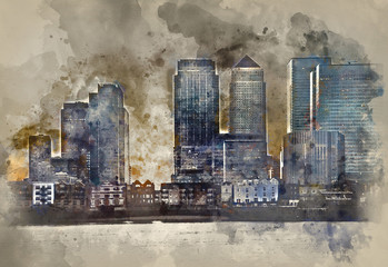 Watercolour painting of London City general skyline at night