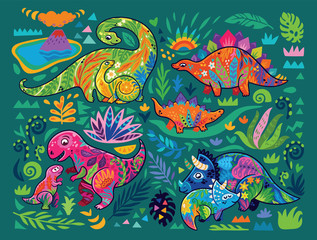 Fototapeta na wymiar Cute collection of mom and baby dinosaurs and tropical plants in decorative style. Vector illustration