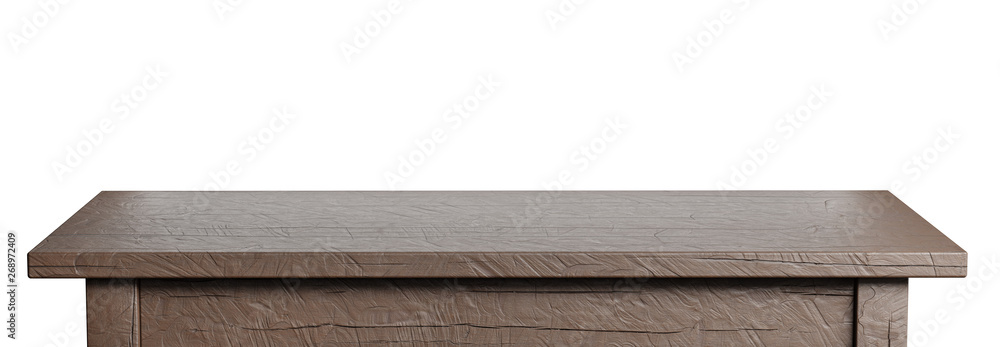 Poster Rustic, empty table isolated on white background with clipping path included. Suitable for product display. 3D render image.