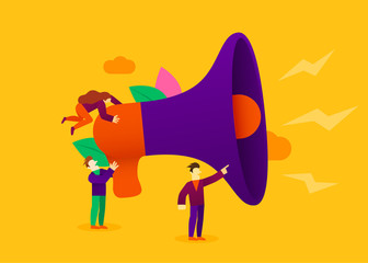 Small cartoon people with megaphone. Announcement or information concept.