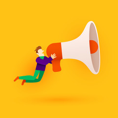 Small cartoon man with megaphone. Announcement or information concept.