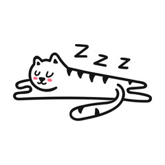 Cute hand drawn sleeping cat. Vector illustration for greeting card, textile t shirt, print, kids nursery, stickers, posters design.