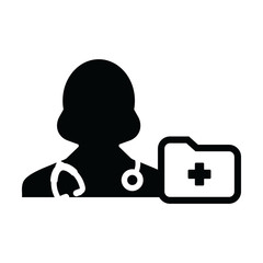 Medical icon vector female doctor person profile avatar with stethoscope and medical report folder for health Consultation in Glyph pictogram illustration