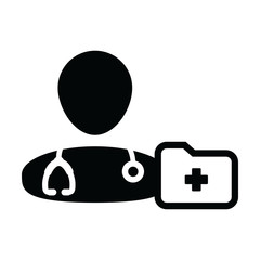 Healthcare icon vector male doctor person profile avatar with stethoscope and medical report folder for medical consultation in Glyph pictogram illustration