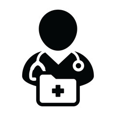 Medical record icon vector with male doctor person profile avatar with stethoscope and folder for health consultation in glyph pictogram illustration