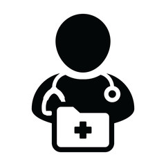 Doctor icon vector male person profile avatar with stethoscope and medical report folder for medical consultation in Glyph pictogram illustration