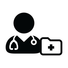 Healthcare icon vector male doctor person profile avatar with stethoscope and medical report folder for medical consultation in Glyph pictogram illustration