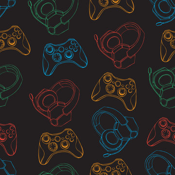 Gamepad joystick game controller and Headphones with microphone seamless pattern. Devices for video games, esports, gamer and streemer. Hand drawn objects on black background
