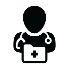 Medical report icon vector with male doctor person profile avatar with stethoscope and folder for health consultation in glyph pictogram illustration