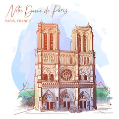 Notre Dame de Paris cathedral beautiful facade. Paris, France. Linear sketch on a watercolor textured background. Vintage design. Travel sketchbook drawing. EPS10 vector illustration