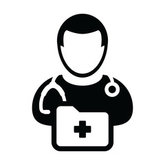 Nurse icon vector male person profile avatar with stethoscope and medical report folder for medical consultation in Glyph pictogram illustration