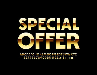 Vector Special Offer sign for Business, Marketing, Advertisement. Golden stylish Alphabet. Chic Glossy Font 