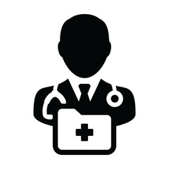 Obraz premium Nurse icon vector male person profile avatar with stethoscope and medical report folder for medical consultation in Glyph pictogram illustration
