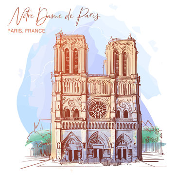 Notre Dame de Paris cathedral beautiful facade. Paris, France. Linear sketch on a watercolor textured background. Vintage design. Travel sketchbook drawing. EPS10 vector illustration