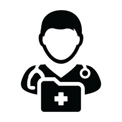 Healthcare icon vector male doctor person profile avatar with stethoscope and medical report folder for medical consultation in Glyph pictogram illustration