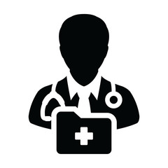 First aid icon vector male doctor person profile avatar with stethoscope and medical report folder for medical consultation in Glyph pictogram illustration