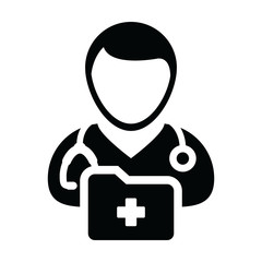 Medical record icon vector with male doctor person profile avatar with stethoscope and folder for health consultation in glyph pictogram illustration