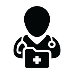 Medical report icon vector with male doctor person profile avatar with stethoscope and folder for health consultation in glyph pictogram illustration