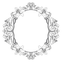 Ornamental vintage frame with lilies. Vector illustration in black and white colors