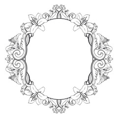 Ornamental vintage frame with lilies. Vector illustration in black and white colors