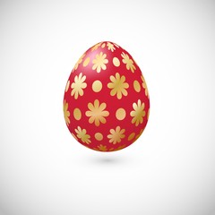 Vector red egg with shadow for Easter day greeting card. Realistic color with flower decor egg. Easter decoration element for template, promotion, poster, flyer, web.