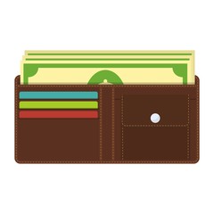 Open wallet with banknotes and credit cards. Template design of income and profits. Business, finance and money concept.