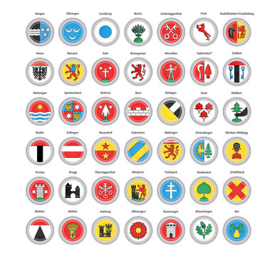 Set of vector icons. Municipalities of Aargau canton flags, Switzerland. 3D illustration.   
