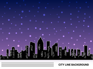 Urban cityscape illustration. Winter Night city silhouette greeting line card