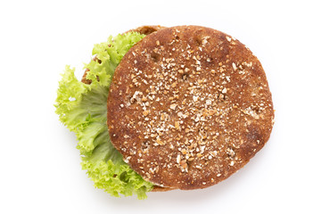 Sandwich with salami sausage on white background.