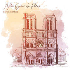 Notre Dame de Paris cathedral beautiful facade. Paris, France. Linear sketch on a watercolor textured background. Vintage design. Travel sketchbook drawing. EPS10 vector illustration