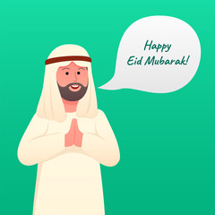 Arabian Man Greeting Happy Eid Mubarak Cartoon Illustration