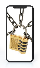 Padlock and chain on smartphone screen. 3D illustration