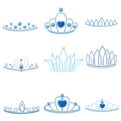 Set of different silver crowns with large and small jewel of sapphires. Vector illustration. © Happypictures