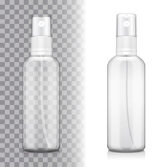 Transparent bottle set with atomizer on white and transporent background. Mock up bottle cosmetic or medical vial, flask, flacon 3d illustration