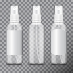 Transparent bottle set with atomizer. Mock up bottle cosmetic or medical vial, flask, flacon 3d illustration
