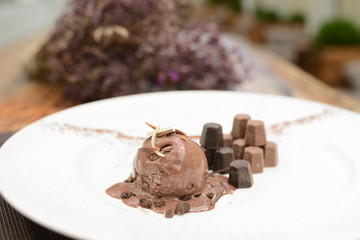 ball of chocolate ice cream with chocolate pieces on a white plate