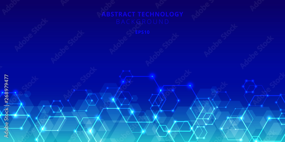 Poster abstract technology hexagons genetic and social network pattern on blue background. future geometric