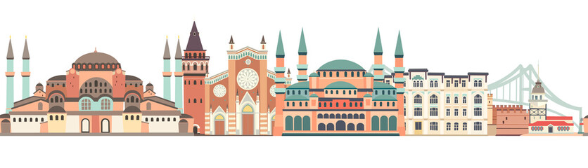 Istanbul City colorful skyline vector seamless pattern. Famous Istanbul building - 268979445