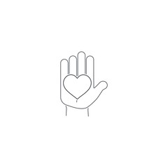Heart on the hand. Vector linear icon.