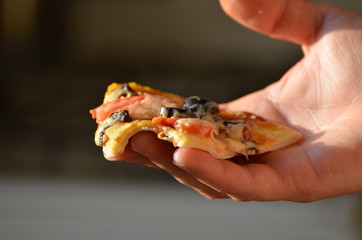Vegetarian pizza in arm, snack, photo.