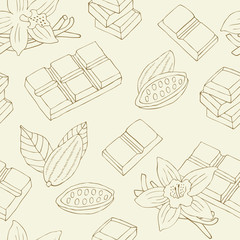 Chocolate hand drawn seamless . Surface decoration with vanilla flower, cacao bean. Vector background.